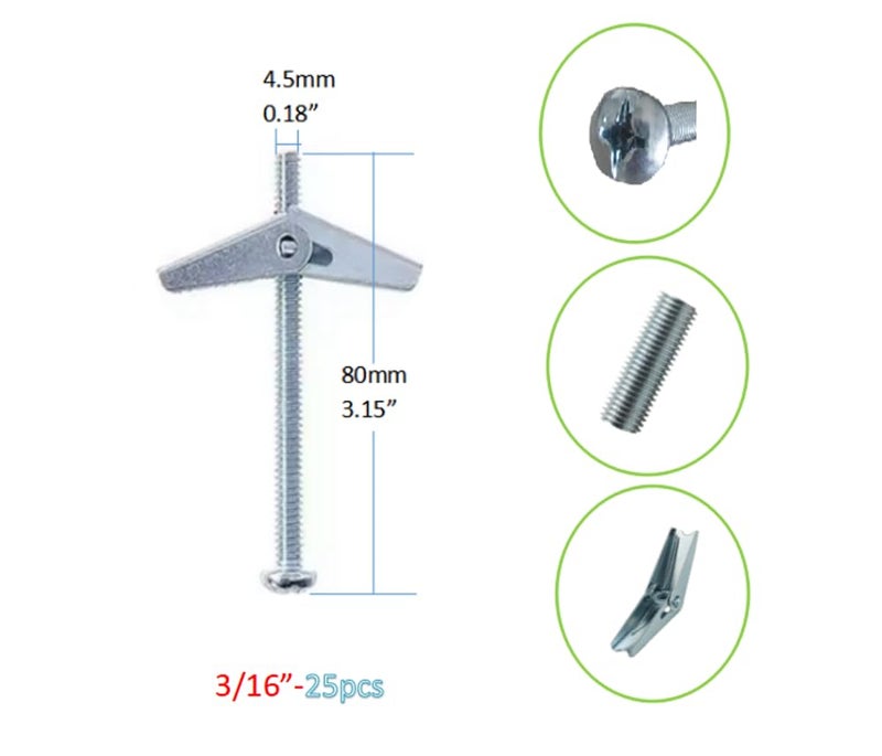 SKYWKX طقم مسامير ومثبتات توغل - 25 مجموعة 3/16" مسامير توغل ثقيلة الوزن ومجموعة أجنحة لتعليق العناصر الثقيلة على الجدران الجافة والخشب والسقف والجبس (3/16" 25 مجموعة) - Image 3